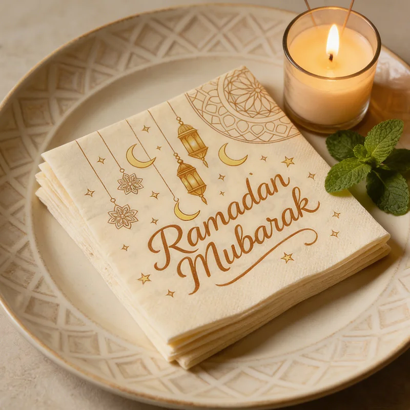 20-100 Serviettes en papier Ramadan Mubarak, motif lune dorée et lanterne, jetables, pour fête, décoration de table de l'Aïd musulman islamique 2026