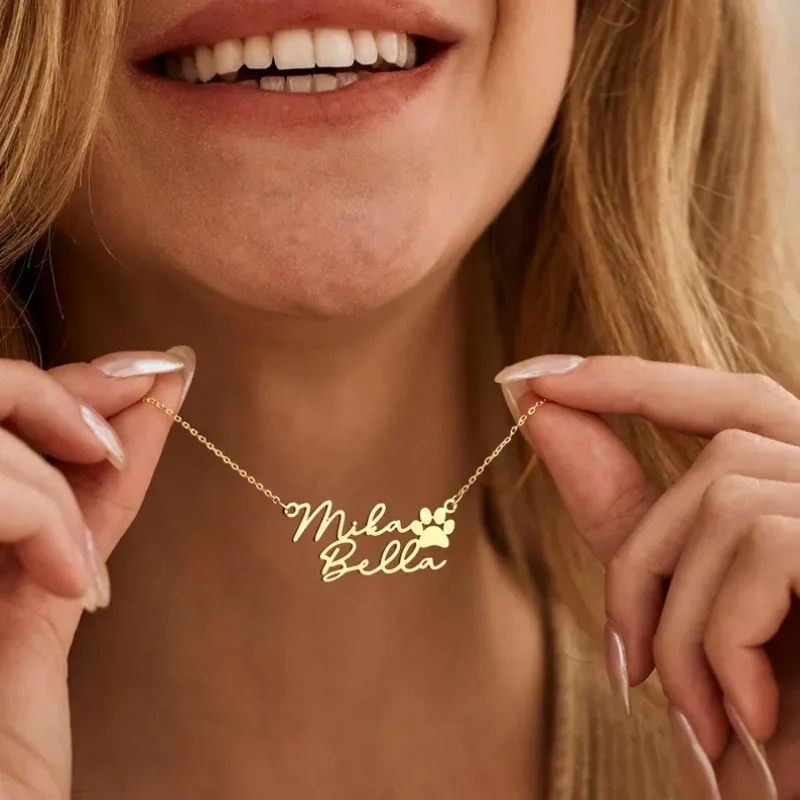 Collier personnalisé avec nom et empreinte de patte, pendentif en acier inoxydable plaqué or, bijoux pour femmes, cadeau pour les amoureux des chiens et des chats
