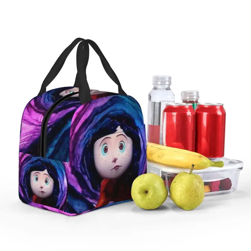 Custom Horror Movie Coraline Insulated Lunch Box Women Portable Thermal Cooler Lunch Bag Picnic Food Container Tote Bags