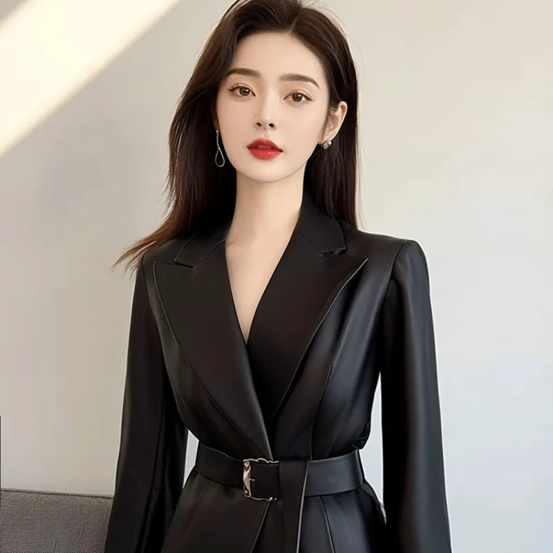 Korean Wear High-end Atmospheric High-grade Top Light Luxury High-end Sense Versatile Black Suit Leather Jacket Women's Autumn
