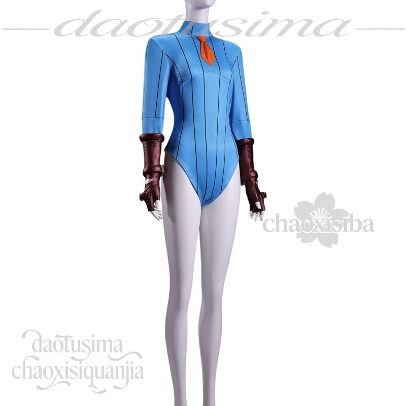 Street Fighter Cammy White Complete Cosplay Set Blue Stripes Bodysuit Jumpsuit Matching Headwear Gloves For Anime Dress‑up view 4