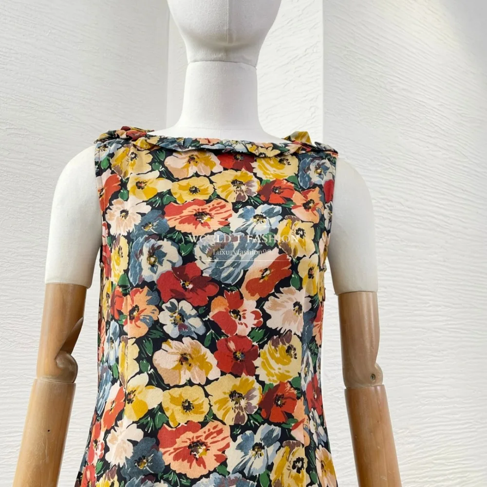 

Blue Color Floral Print Sleeveless Ruffles Frilled Mini Dress Silk
