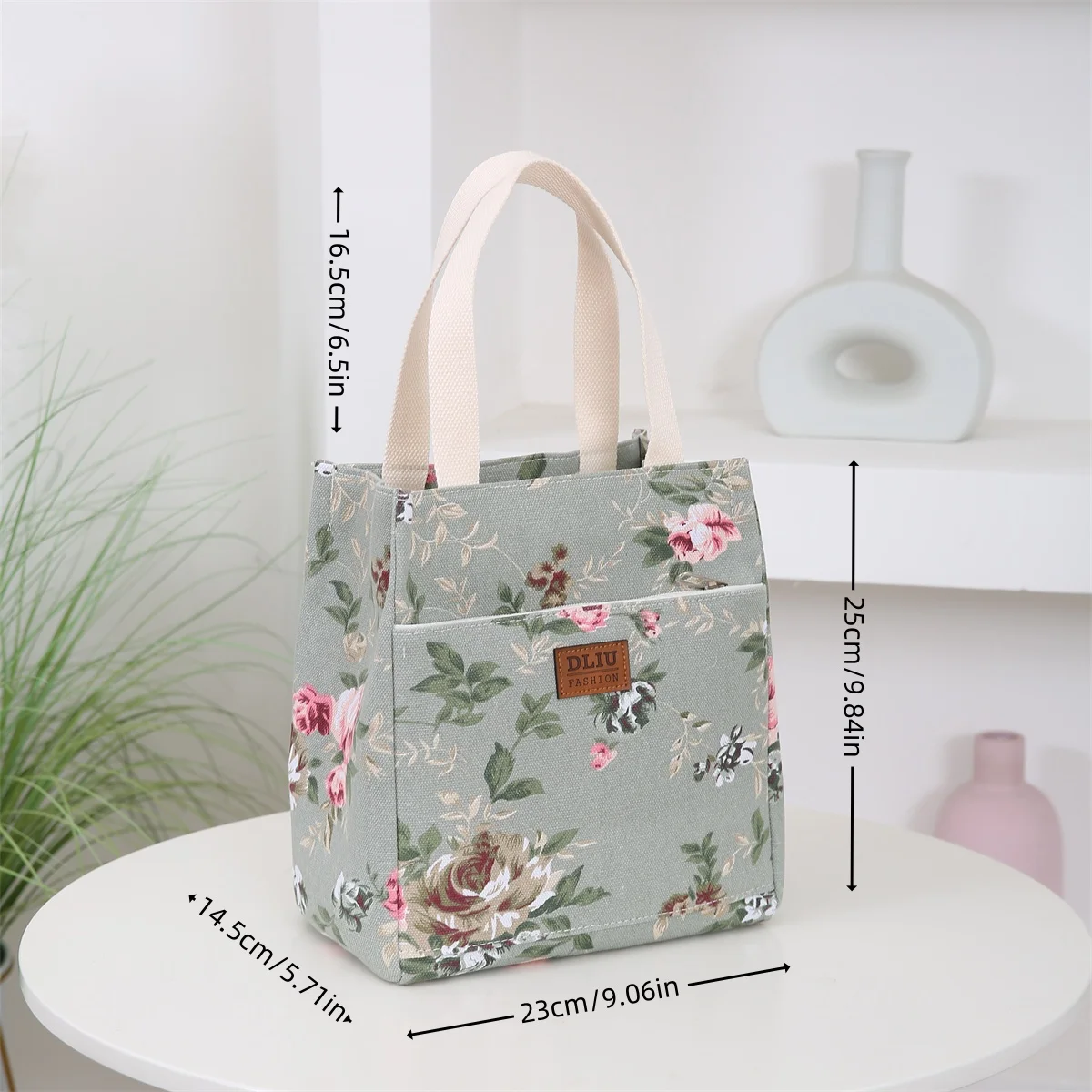 New canvas flower printed fabric handbag, work portable multi-pocket zipper semi-closed daily clutter storage bag, bento bag