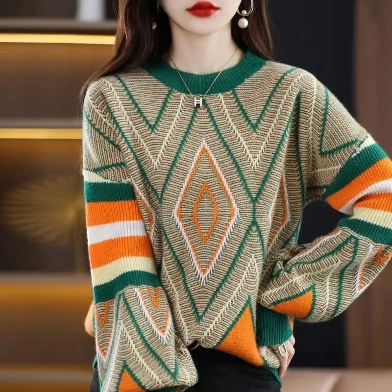 

Spring Autumn Female Fashion Sweater Top Lazy Wind Lady Long Sleeves Thickening Knitwear 2024 Women Pullover Round Neck Knitting