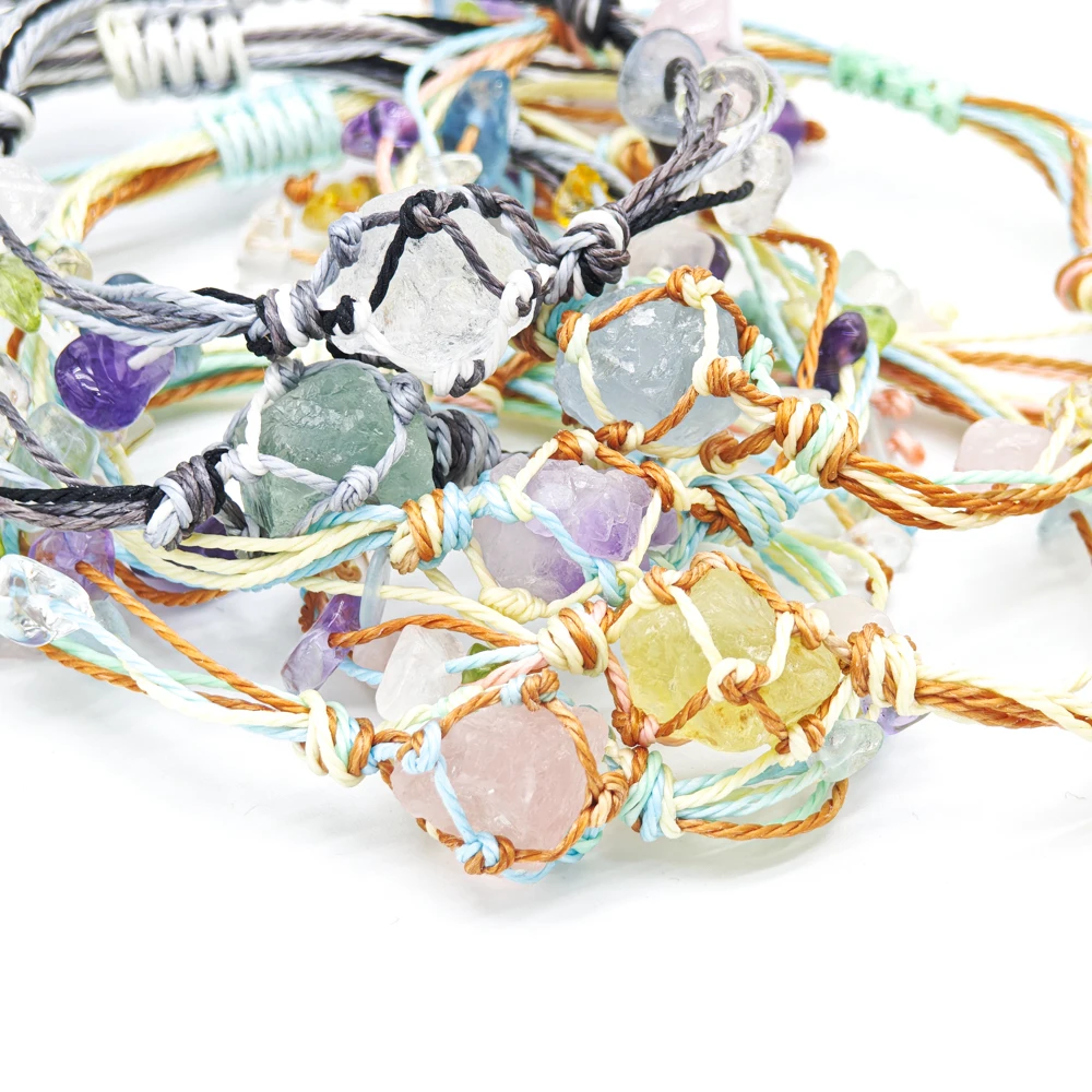 10 Stück verstellbares geflochtenes Kordelnetz, 1 roher Rohstein, Perlenhalter, Seil, Armband, natürlicher Quarzkristall, Heilung, Taschentasche, Armreif – Detail 9