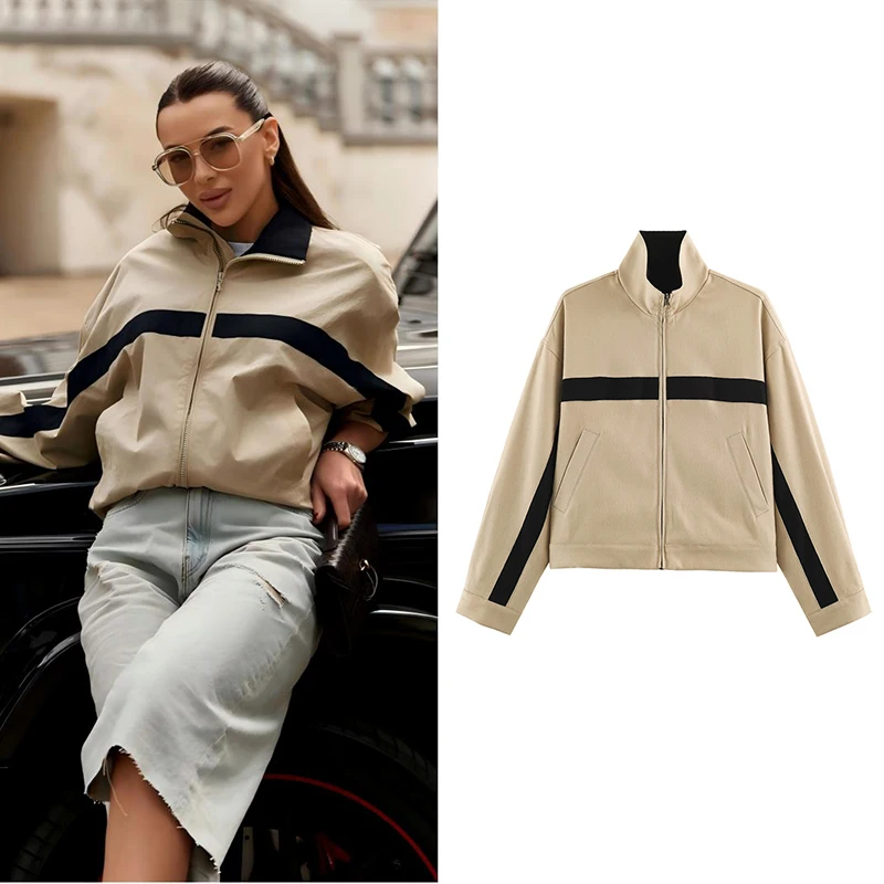 Guobioziy Women's Short Jacket 2026 Autumn New Arrival  Colour-Blocked Striped Stand Collar Sports Casual Multi-Colour