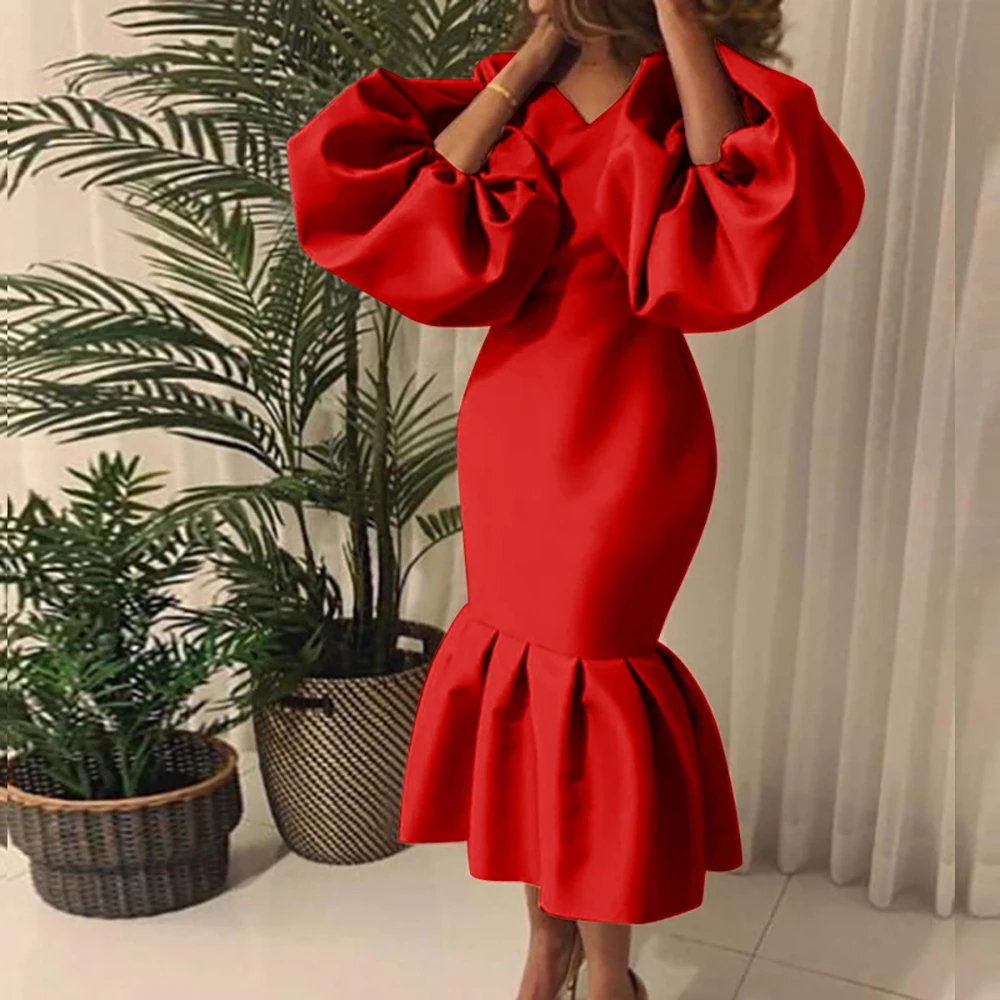 

Women's Elegant Satin Solid Evening Dress Puff Sleeve Mermaid Hem Cocktail Party Club Formal Prom Ruffle Wedding Fashion Dresses