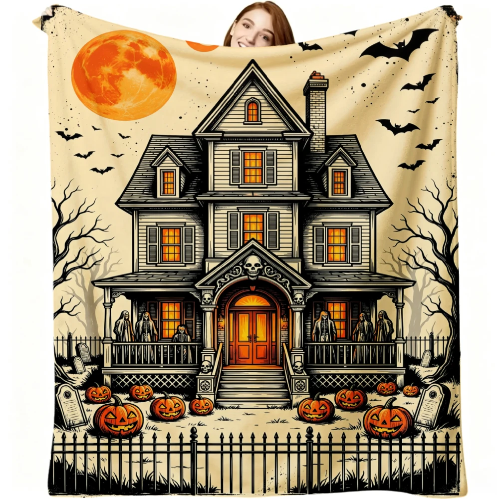1pc Halloween Haunted House Pumpkin Moon Bat Print Flannel Blanket Soft Comfortable Warm Bed Cover Autumn Winter Season Home Bedroom Sofa Living Room Decor Halloween Thanksgiving Christmas Festival Gift