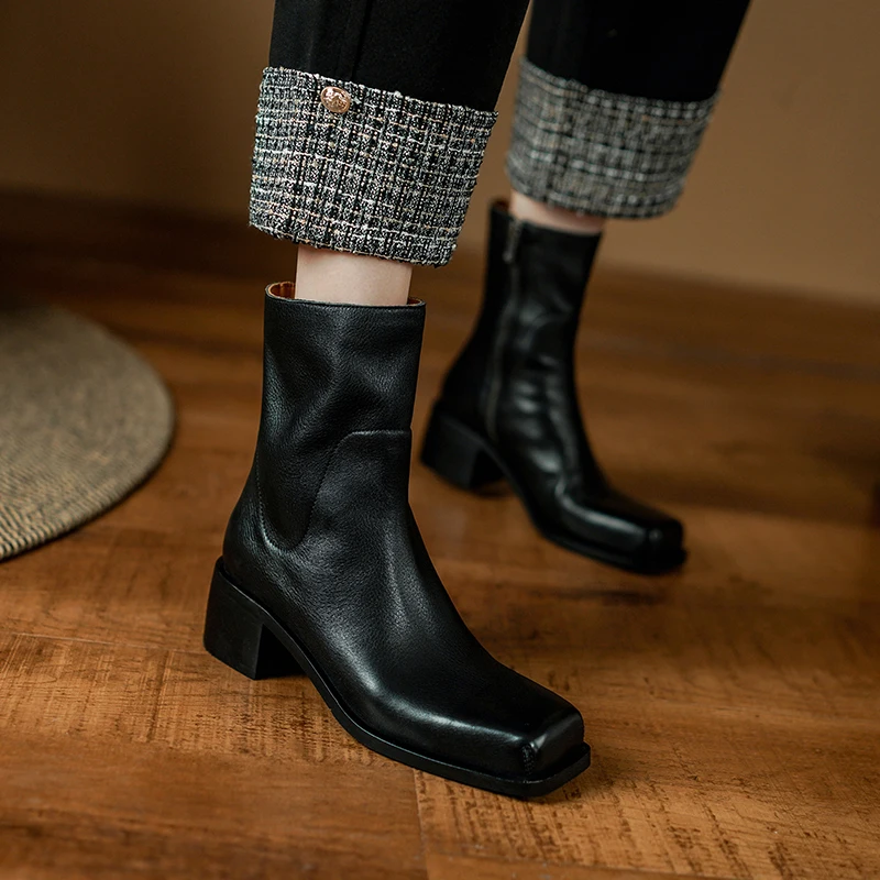 

Square Toe Cowhide Chelsea Boots Retro Style Women BootsWinter Shoes Woman Thick Heel Side Zip Spring Autumn Botas Short Boots