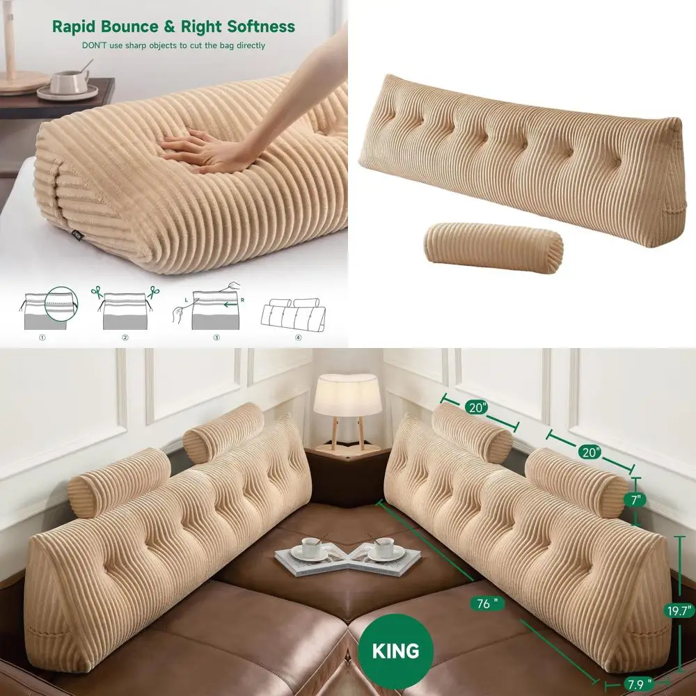 

King Size Triangular Wedge Pillow Headboard for Reading and Sleeping, Beige