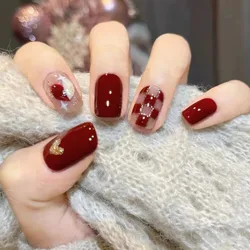 24Pcs/set Short Square Head Fake Nails Dark Red Tessellated Heart False Nails Artificial Full Removable Press On Nail Art tips
