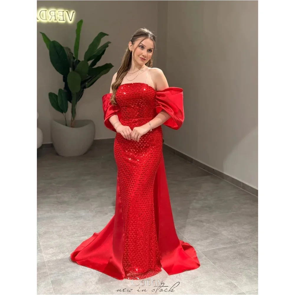 فستان كاثي مخصص باللون الأحمر قبالة الكتف حورية البحر للحفلات الراقصة بسيط بسحاب خلفي من vestidos de noiva سويب تراين فساتين سهرة 2025
