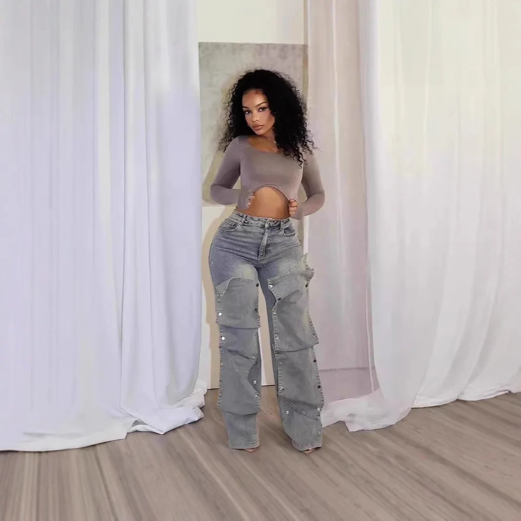 여성 패션 스트레이트 스트레치 청바지 여성 가을 스트릿 스타일 트렌디 탈부착 버튼 하이웨이스트