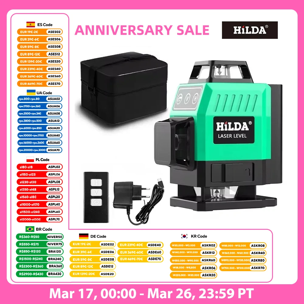 HILDA 16 lignes niveau Laser ligne verte auto-nivelant 360 horizontal et Vertical niveau Laser Super puissant faisceau vert