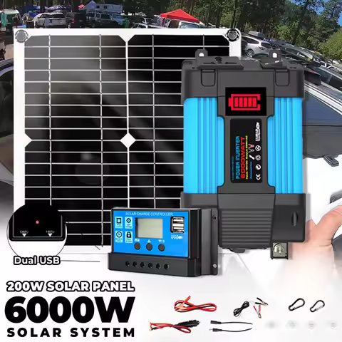 6000W Off Grid Solar Kit 110V/220V Inverter Controller Car Solar Power Bank System 200W 5V Solar Panel Camping for Home Plug