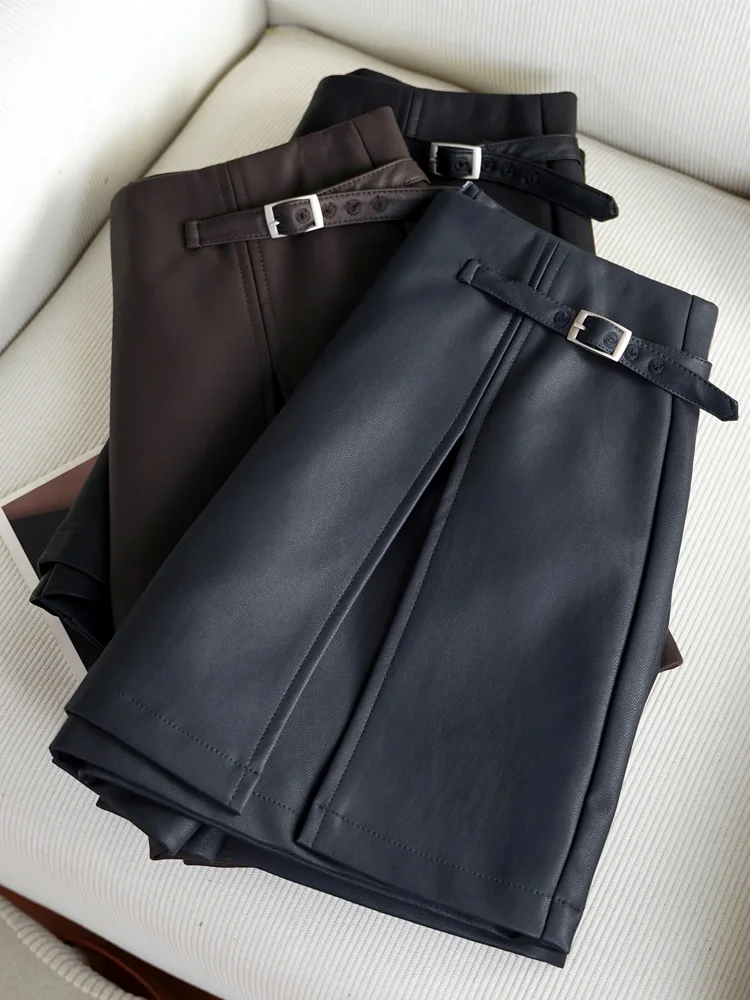 Caramel PU-leer Hoge taille Afslanken f Rok Broek Dames Herfst Winter Nieuwe Sle Geïntegreerd Eiwitleer orts