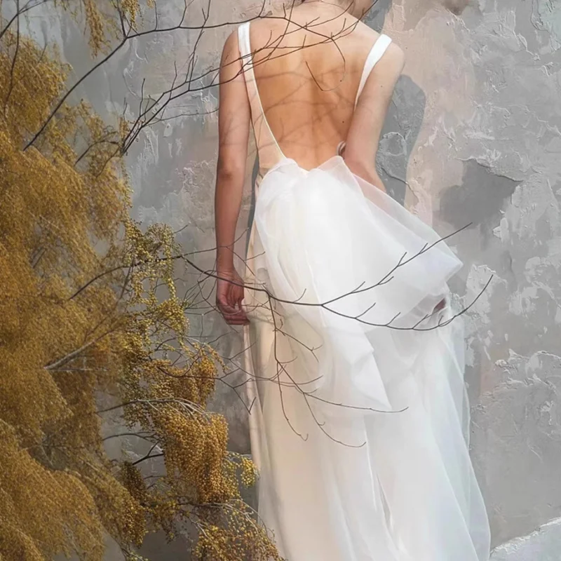 フレンチオフショルダーライト旅行写真婚約長袖サテンブライダルマーメイドドレスシンプルなレセプションお出かけドレス