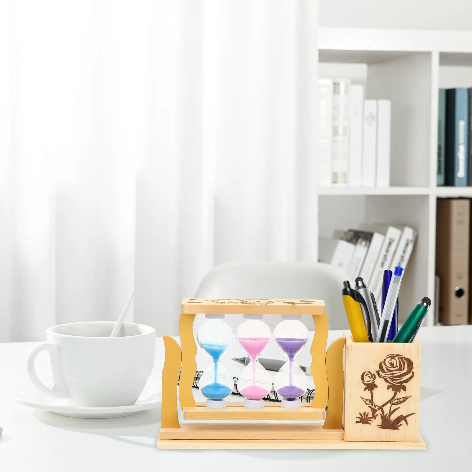 Double Heart Creative Pen Holder Wood Pencil Organizer Desktop Decoration Hourglass Adornment Graduation Birthday Gift