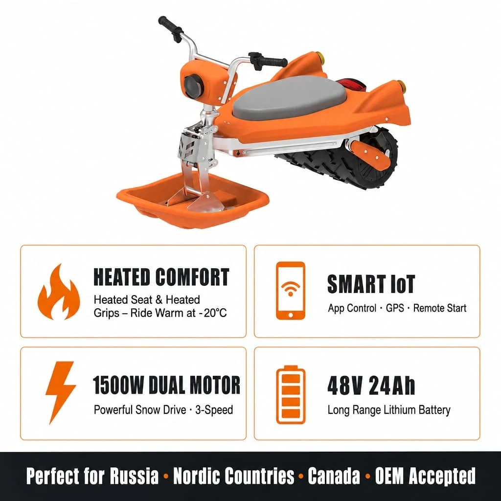 IoT App Control Heated Seat Grip Kids Electric Snow Scooter 1500W Dual Motor 48V 24Ah Foldable For Outdoor Winter Ride