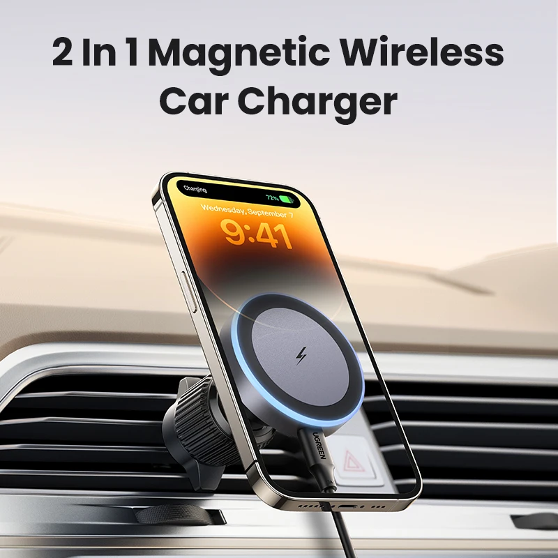 UGREEN Magnetic Car Phone Holder Wireless Charger Stand For iPhone 15 14 13 Pro Max Charging for Magsafe Car Charger LED Light