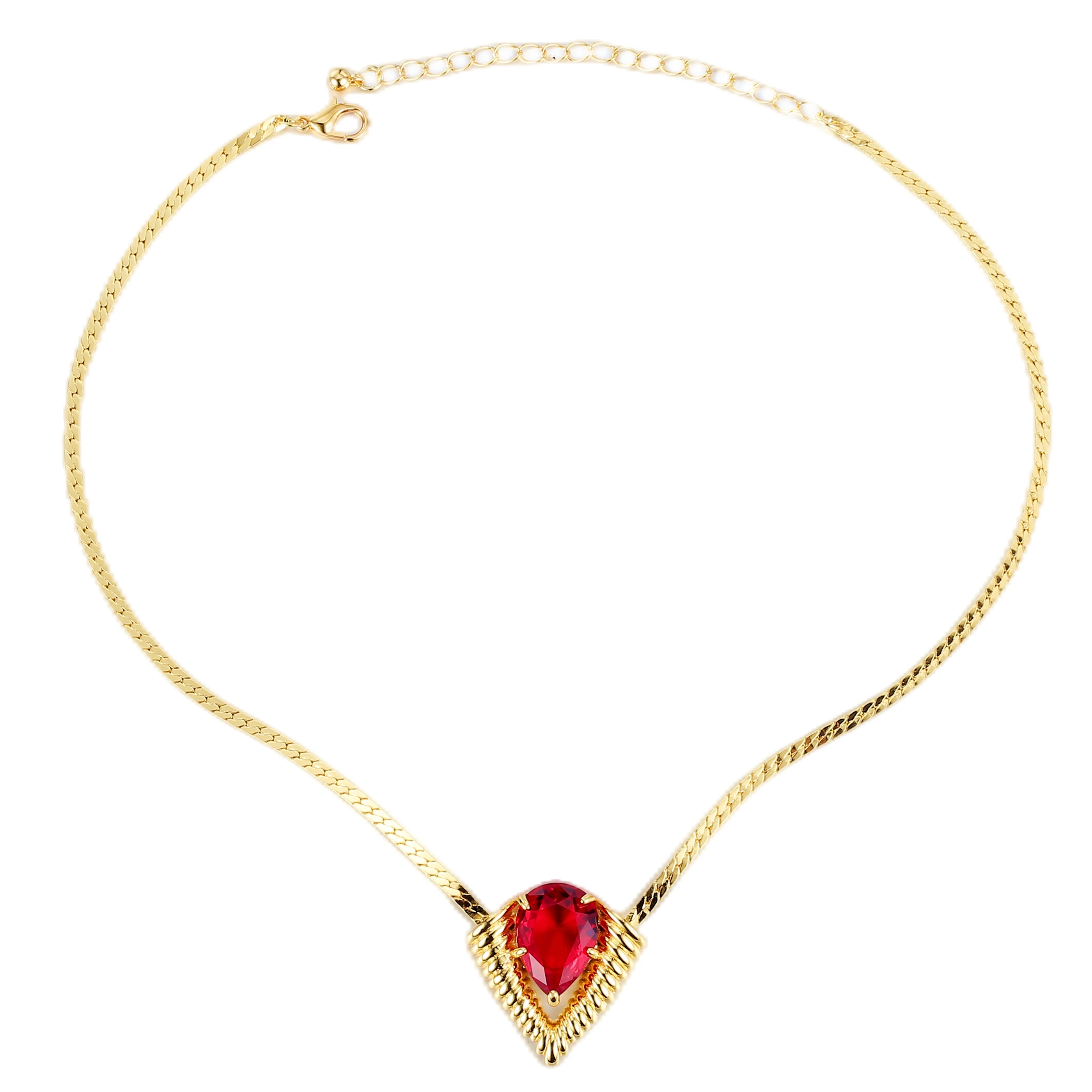 Vintage Snake-Link Chain Golden Rope Heart Necklace with Red Stone