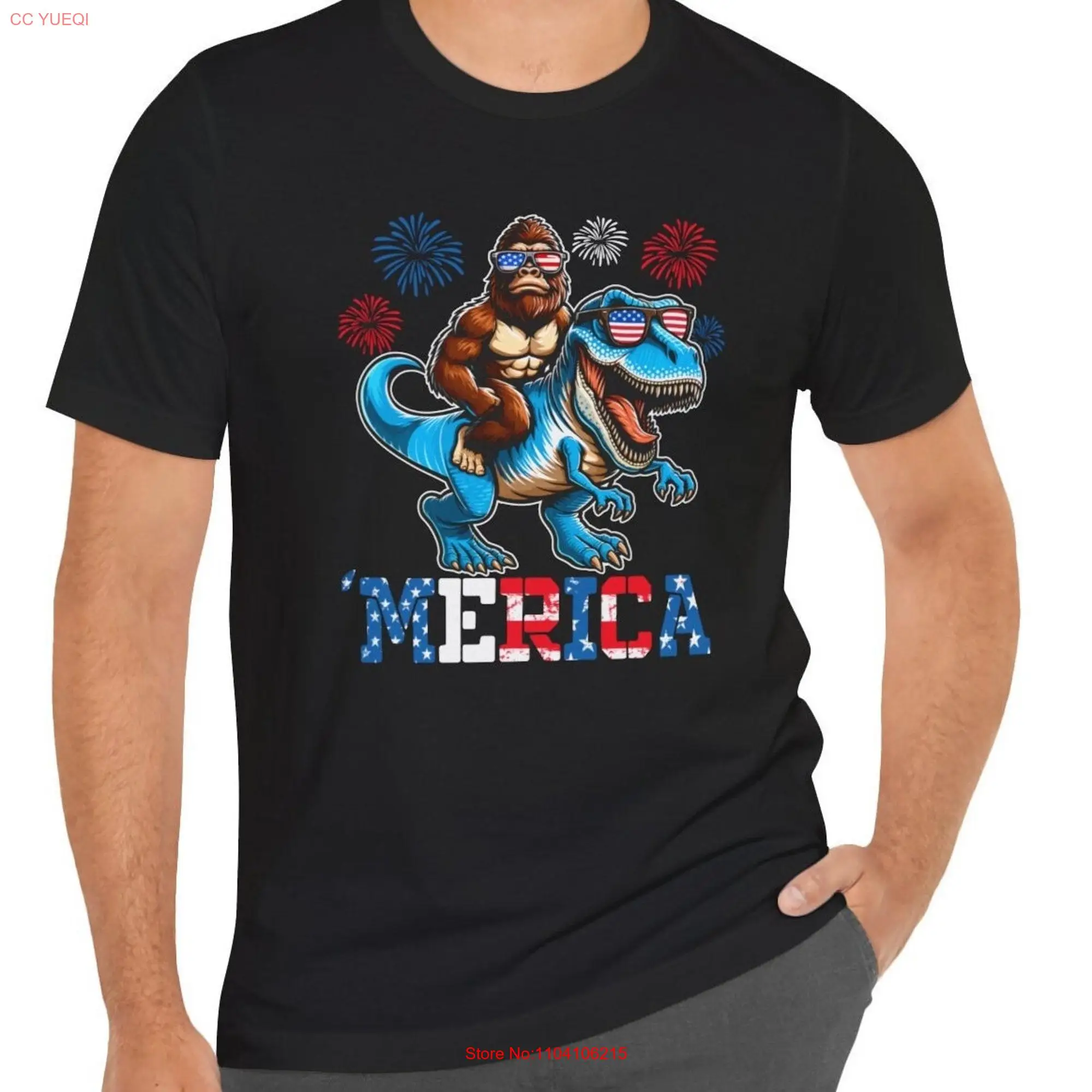 Big foot 4th of July shirt funny riding Trex Sasquatch a dinosaur merica independence day long or short sleeves