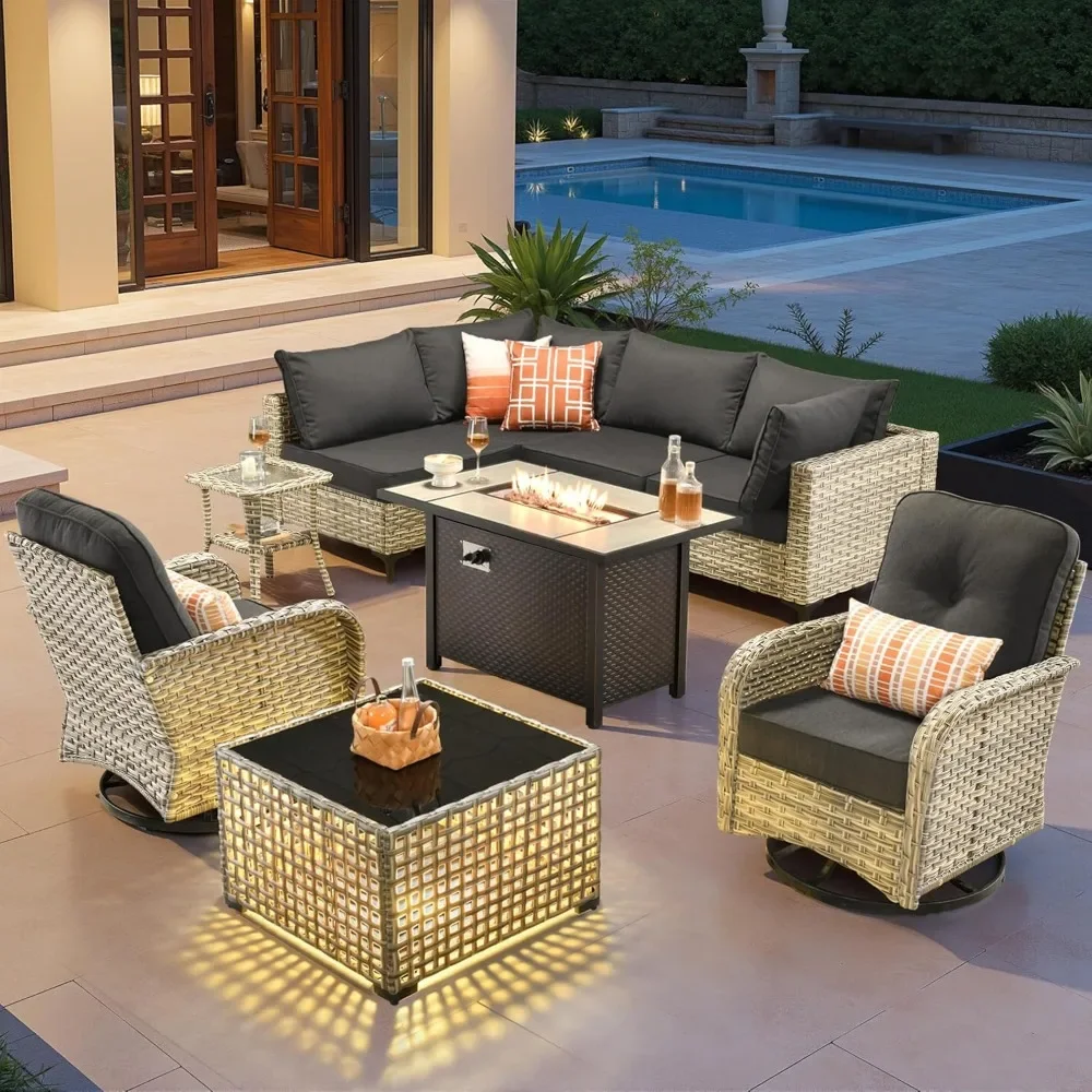 

Outdoor Sectional Patio Furniture Set with Fire Pit Table,9 Pieces Rattan Wicker Conversation Sets L Shaped Couch