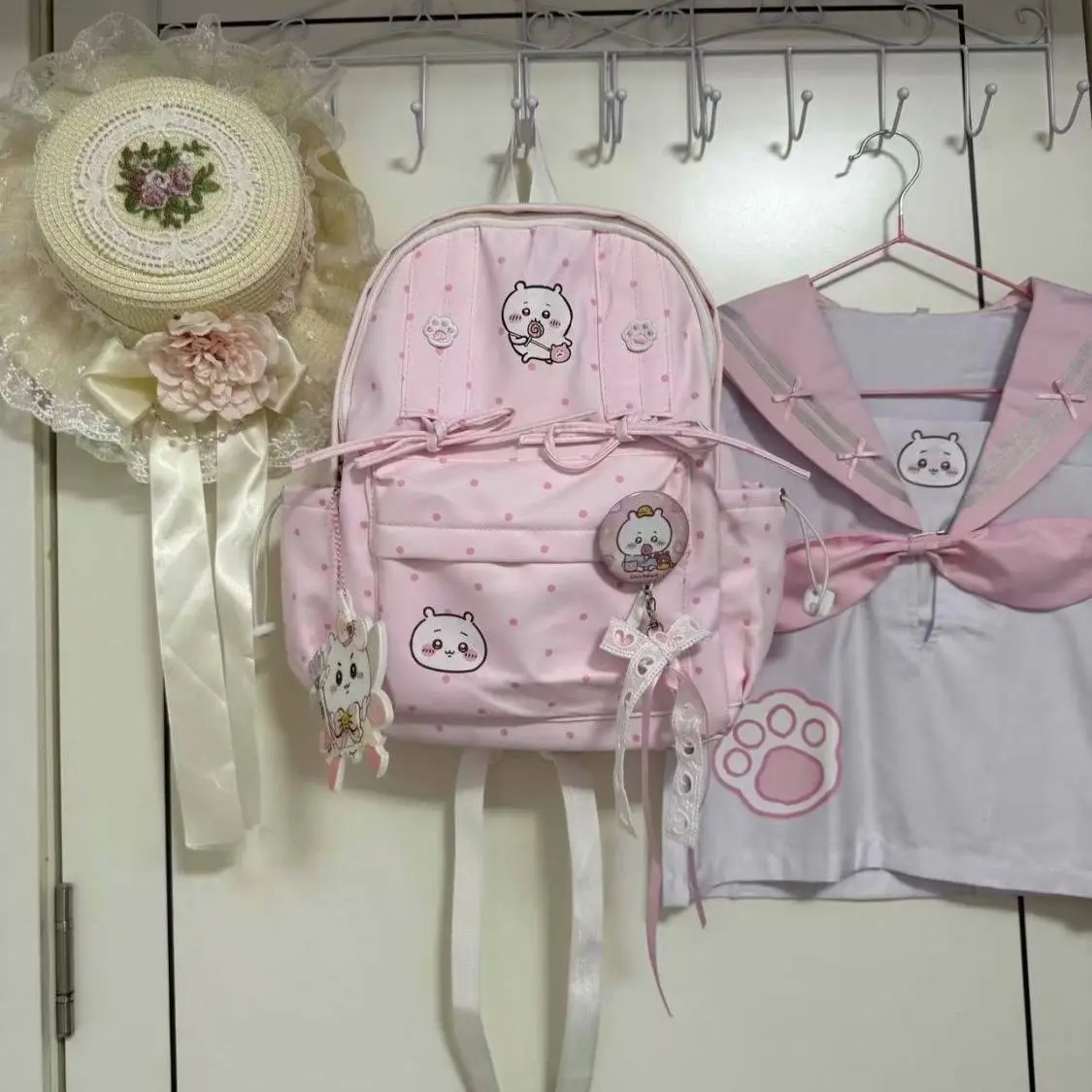 Chiikawa Pink Bowknot Wave Point Shoulders Backpack Large Capacity Schoolbag Portable Travel Bag Cute Birthday Gift for Friends