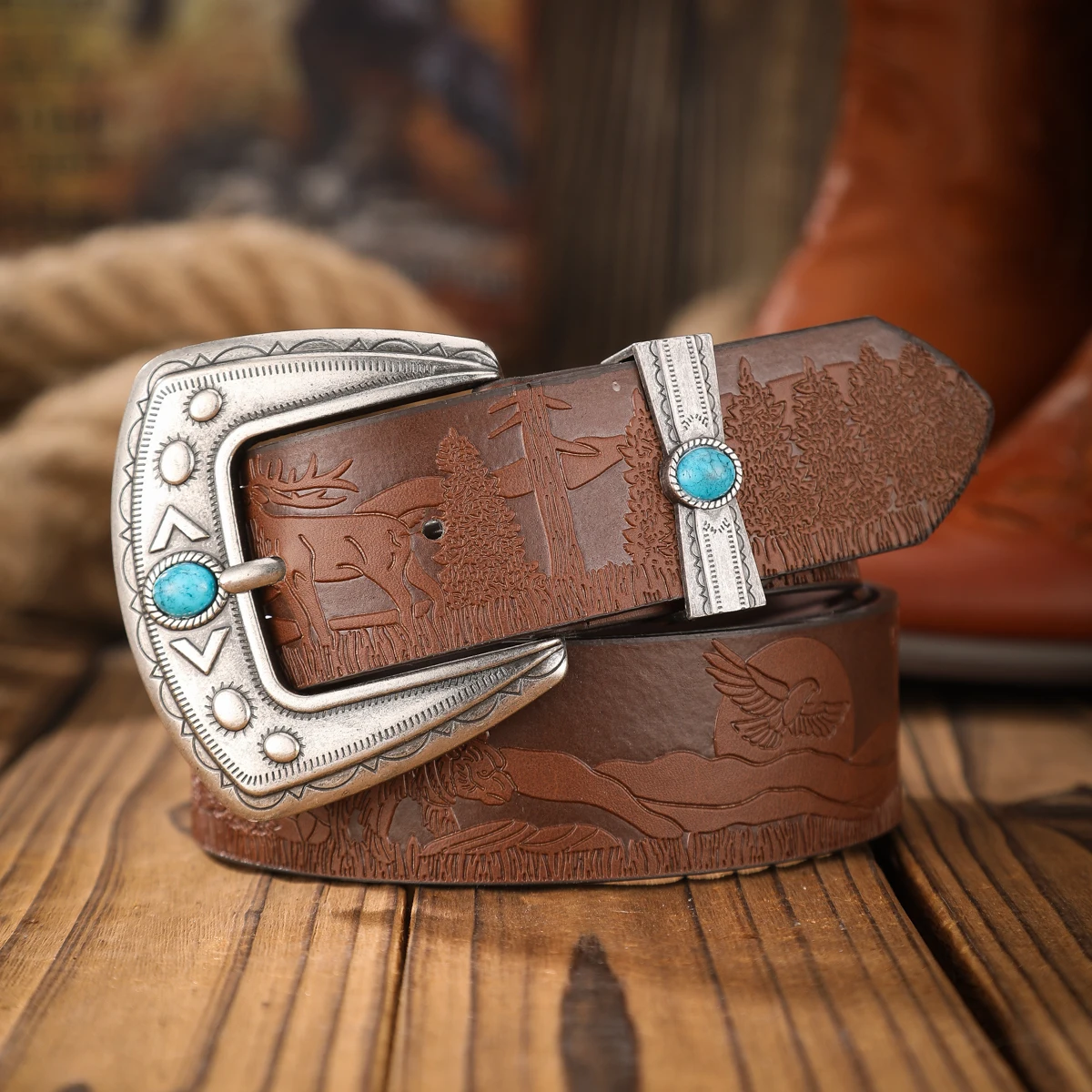 1pc Western Cowboy Style Belt - Suitable for Both Men and Women. Metal Western Buckle. PU Embossed Vintage Belt