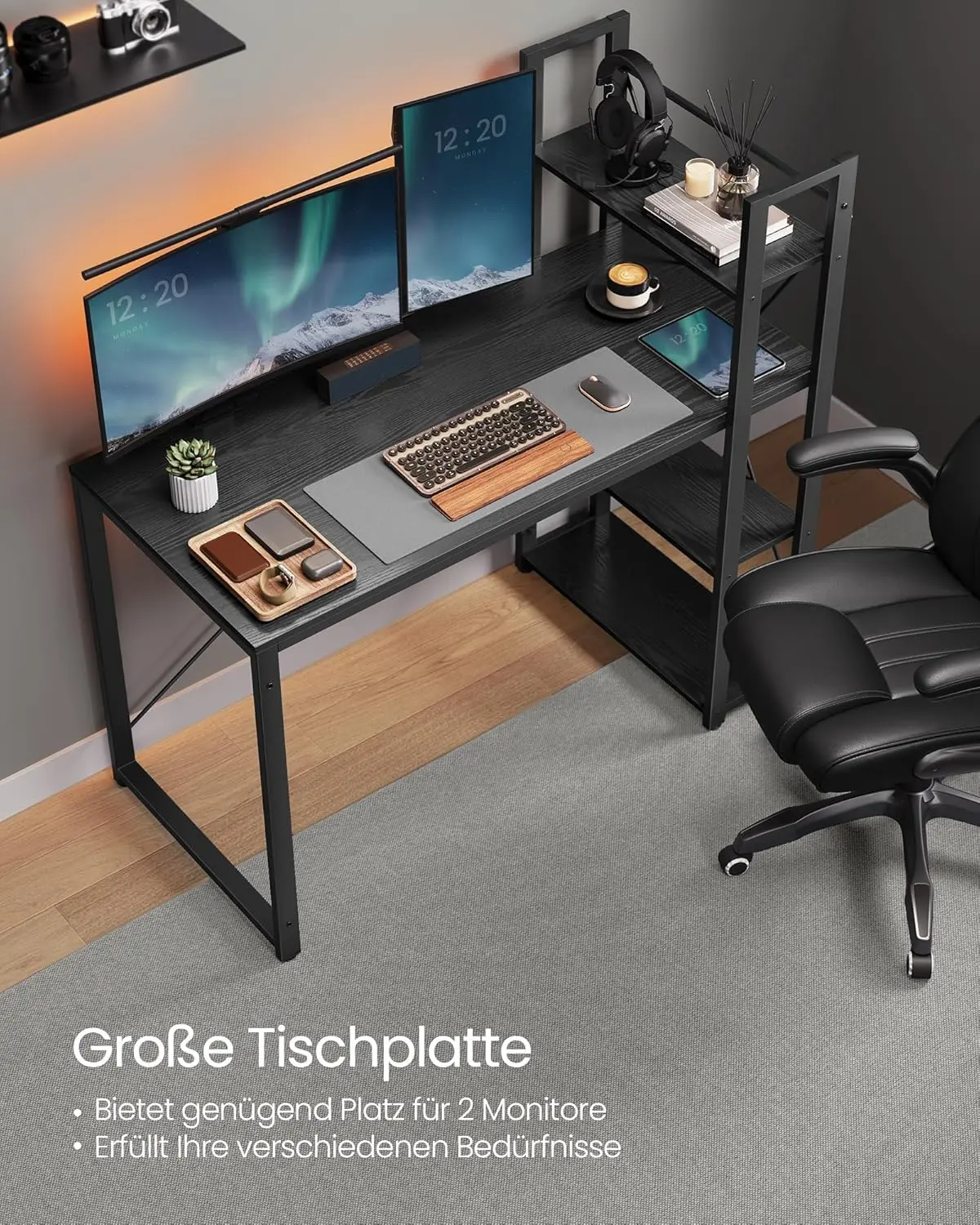 VASAGLE Schreibtisch Computertisch, 120 / 137,2 cm, mit Regalböden rechts oder links