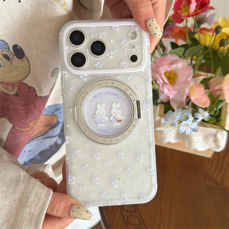 

Kawaii Wings Line Rabbit with 360° Rotate Stand Cute Phone Case for iPhone 16 15 pro 17 Pro Max Cover Cartoon Shockproof Fundas