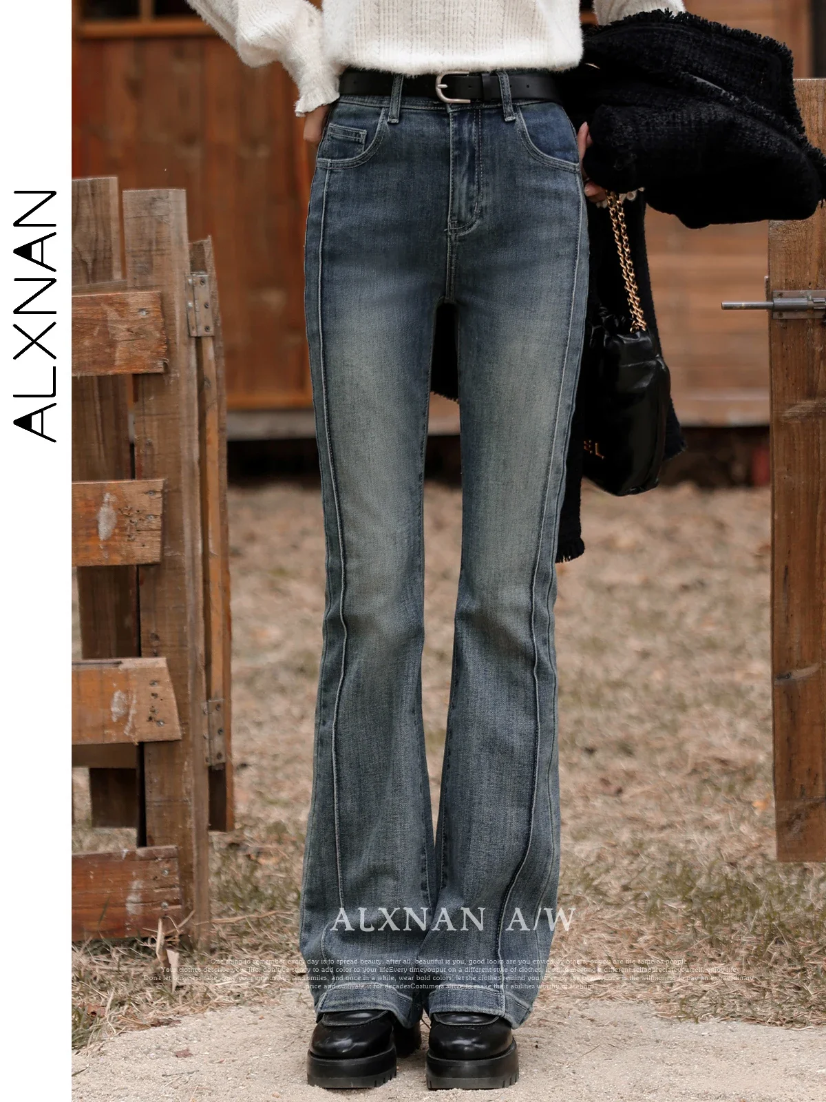 

ALXNAN расклешенные джинсы, женские хлопковые винтажные синие джинсовые брюки с высокой талией, осень-зима 202, облегающие повседневные женские брюки L33118