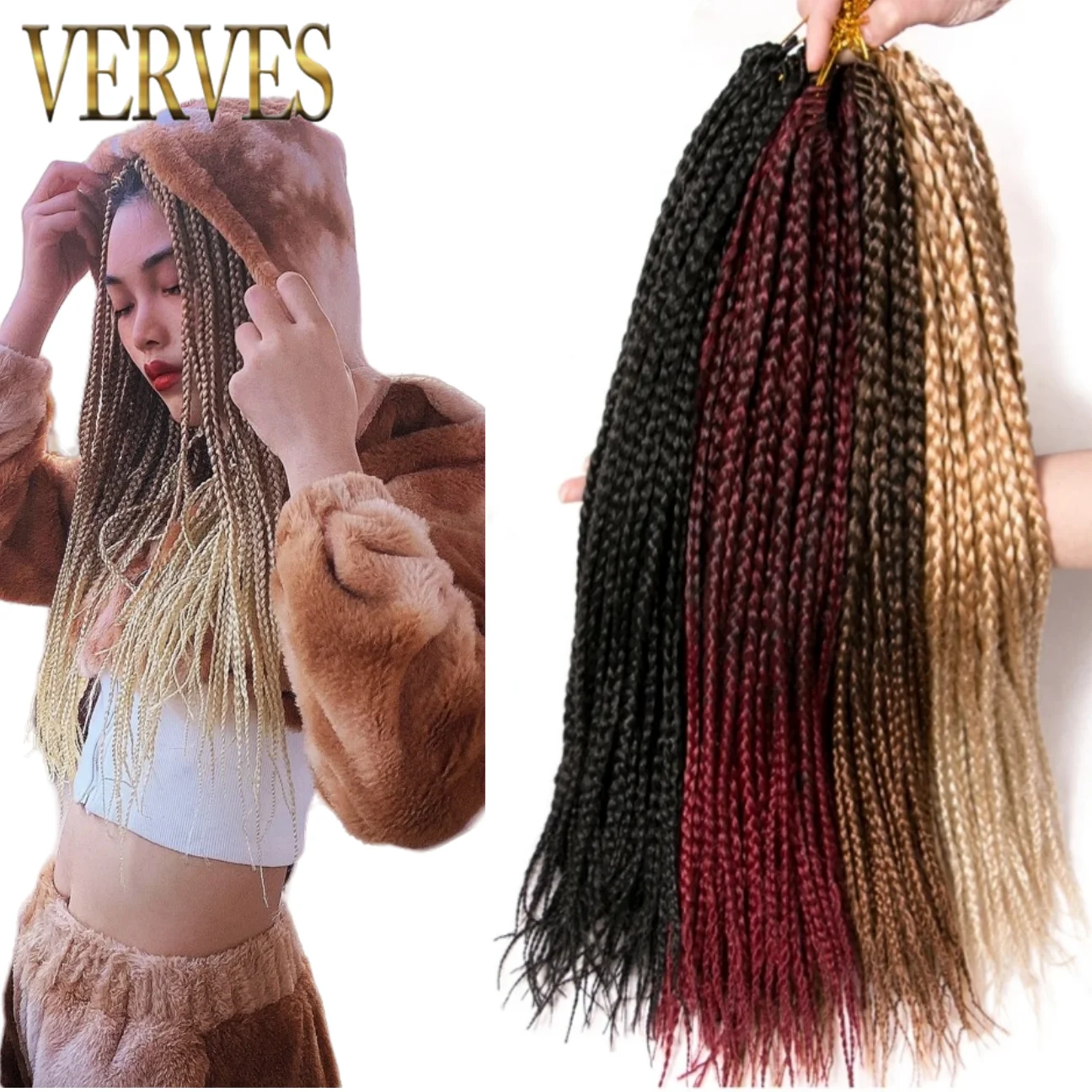 VERVES Box Braids Synthetic 18 inch 5Pcs/Lot Ombre Crochet Braided Boxing Hair Extensions Faux Braiding Asian Women Brown Black