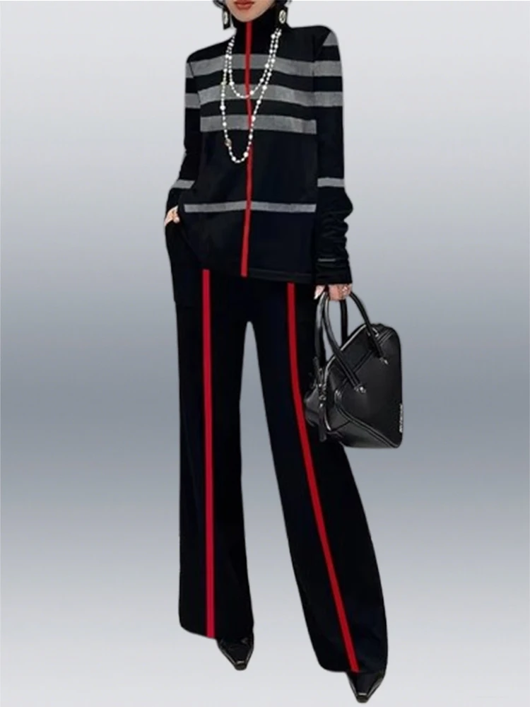 

Women's Fashion Two Piece Sets Long Sleeves Loose Striped High Neck T-Shirts & High Waist Wide Leg Pants Suits 2025 New