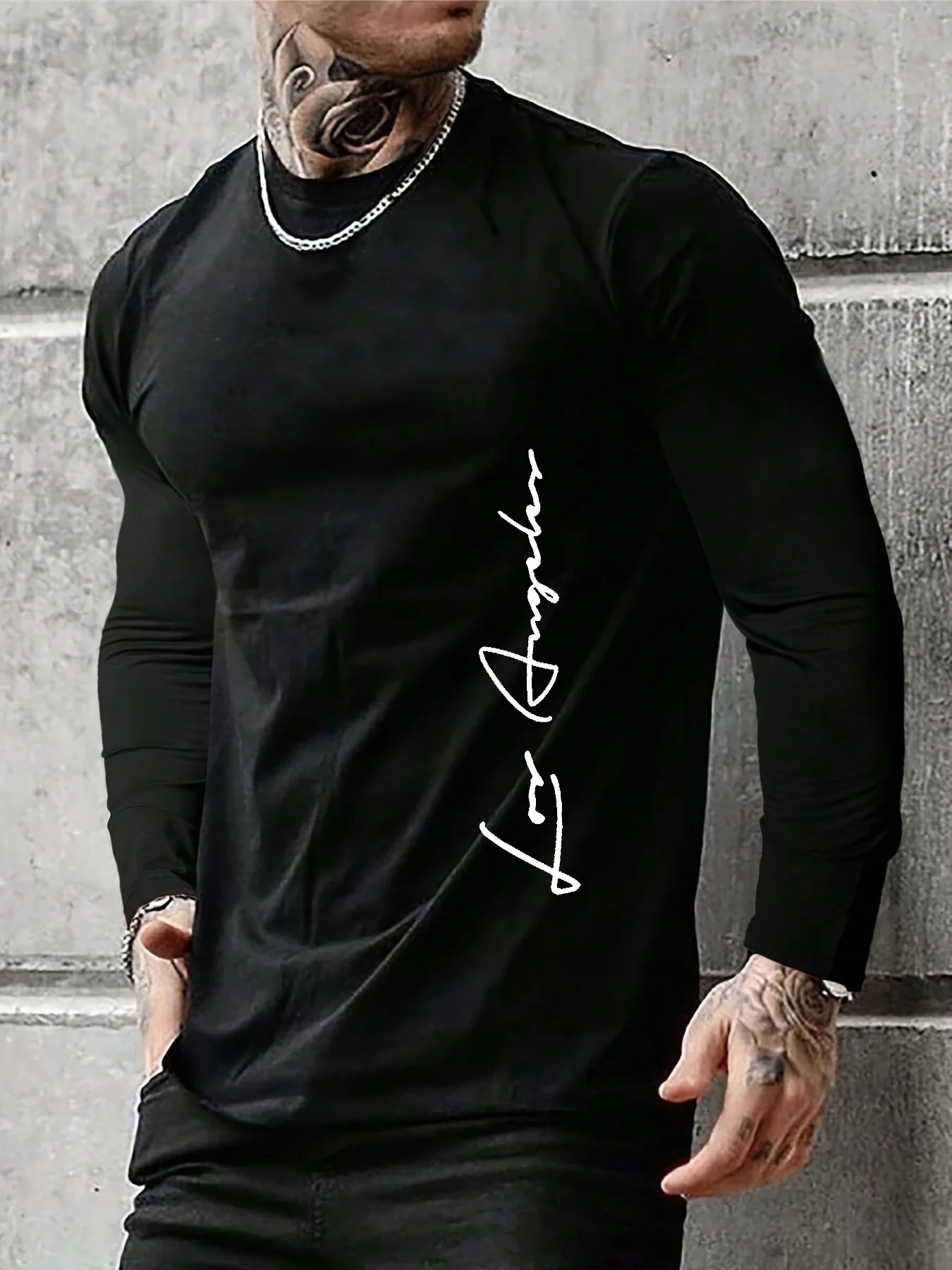 

Мужская свободная повседневная футболка из 100% чистого хлопка с длинными рукавами и круглым вырезом с буквенным принтом Лос-Анджелеса, весенне-осенняя универсальная футболка, топ