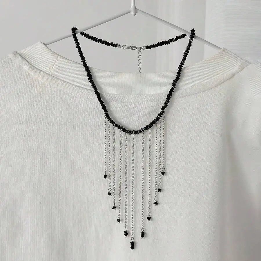 

Black Beaded Fringe Choker Necklace For Women Hip Hop Style