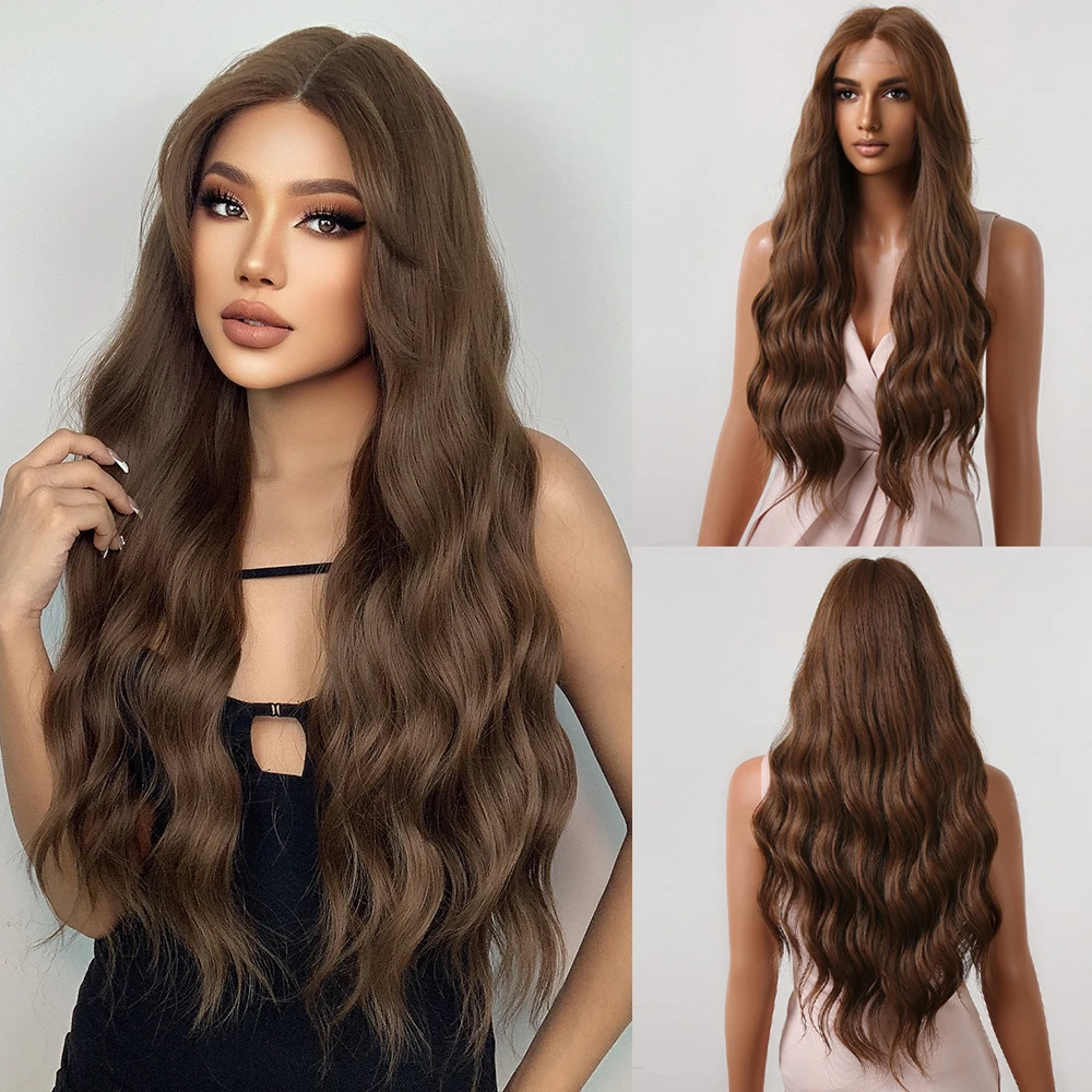 Perruque Lace Front Synthétique Brun Clair pour Femme, Cheveux Longs Ondulés, Perruque Cosplay, ix, Utilisation Dailly, Fibre Haute Température