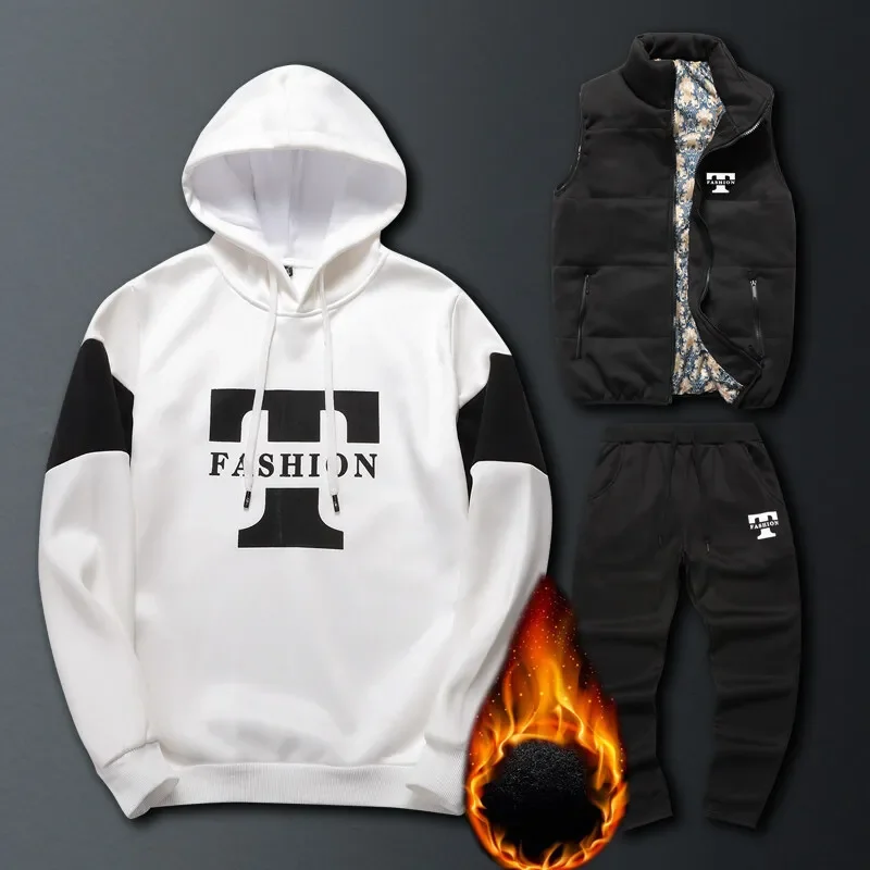 

Комплект из 3 предметов: толстовки + жилет + брюки, повседневный мужской спортивный костюм, одежда, пальто, зимний толстый теплый спортивный костюм для мужчин, мужской комплект с принтом, жилет