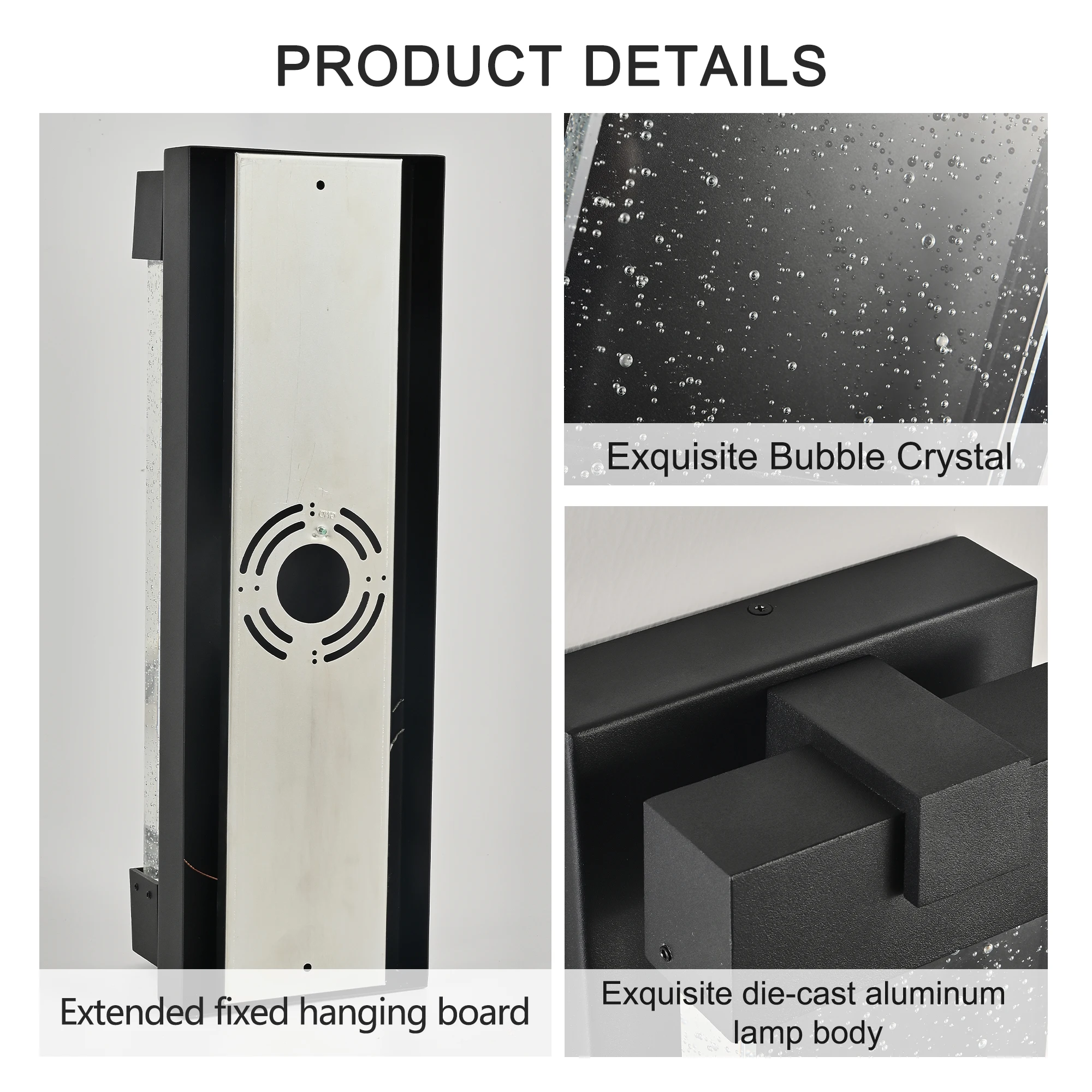 مصباح حائط خارجي LED من الألومنيوم الأسود مع ضوء دافئ من الزجاج الكريستالي الفقاعي، شمعدان خارجي مقاوم للماء للفناء والشرفة (1 قطعة)