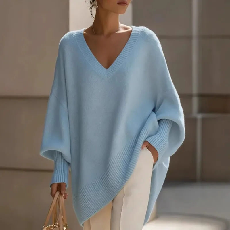 2026 Fashion Oversize Loose Knitted Sweater Women's V-neck Pullover Autumn Winter Lantern-sleeve Bat Shape Casual Tops Sweaters
