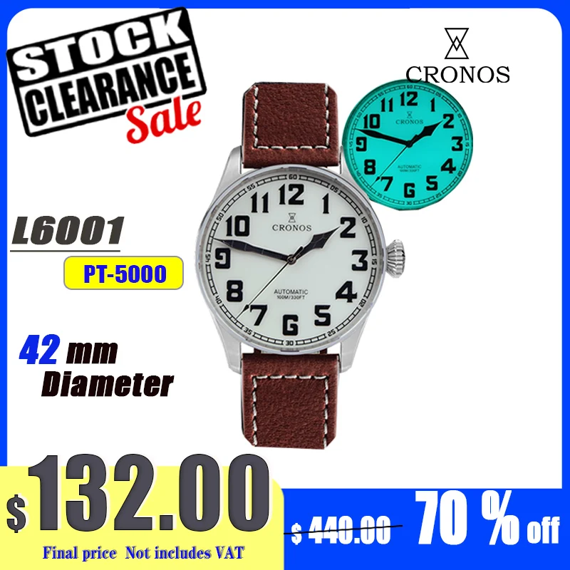 

Cronos Pilot Flieger Men Mechanical Watch Stainless Steel Blue Light Luminous Sapphire Crystal Skeleton Back Leather Strap