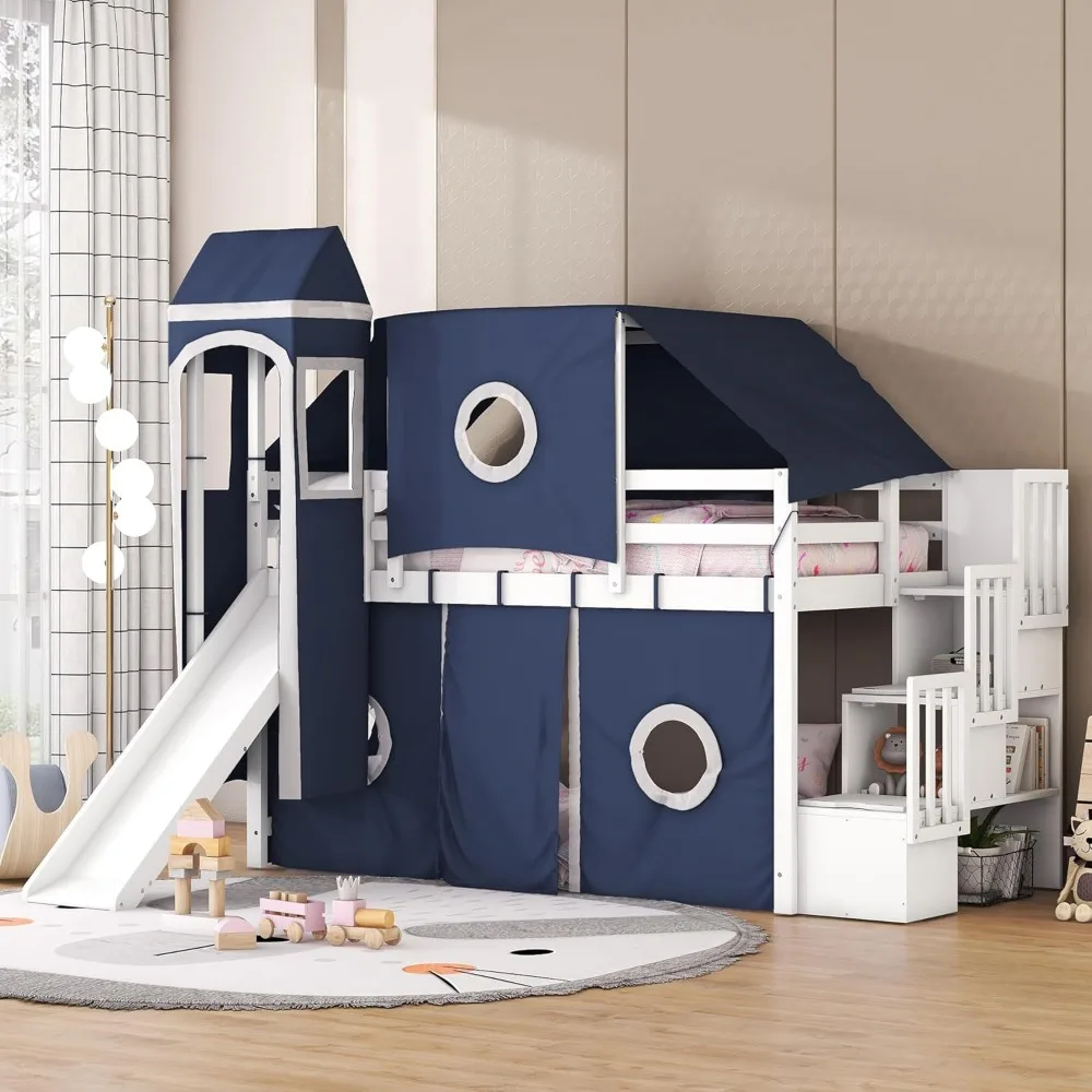 House Loft Bed with Slide and Storage Staircase, Wooden Children's Loft Bed with Tent and Tower