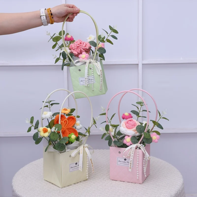 New Style Crochet Sunflowers Roses carnation Plush Plants Finished Knitted handbag Bouquets Valentine Birthday Graduation Gifts