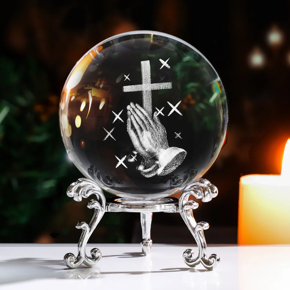 Crystal Ball Engraved 3D Hand Holding A Cross Figurine with Rose Stand Praying Religious Gifts for Women, Christian Gifts for Fr