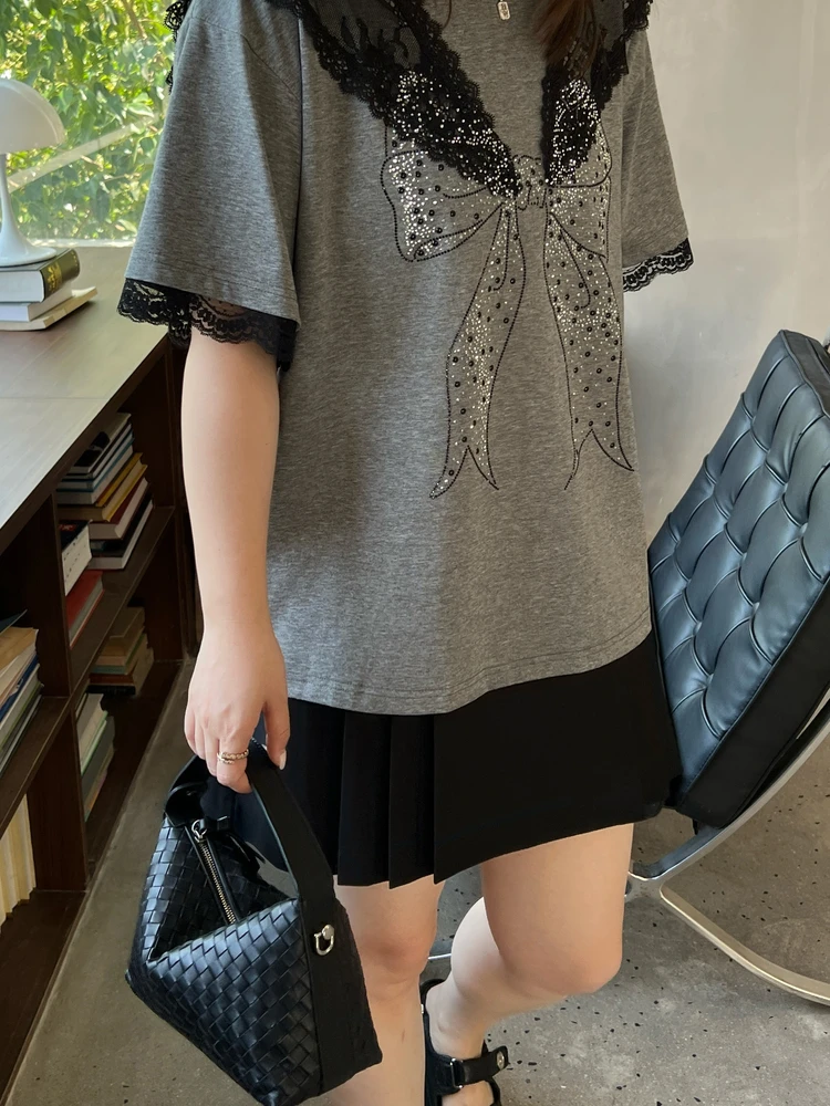 

plus Size Women's T-irt Lace oulder Drop Knot ey Versatile Summer Ruffle Hemline Korean Sle Commute Faion