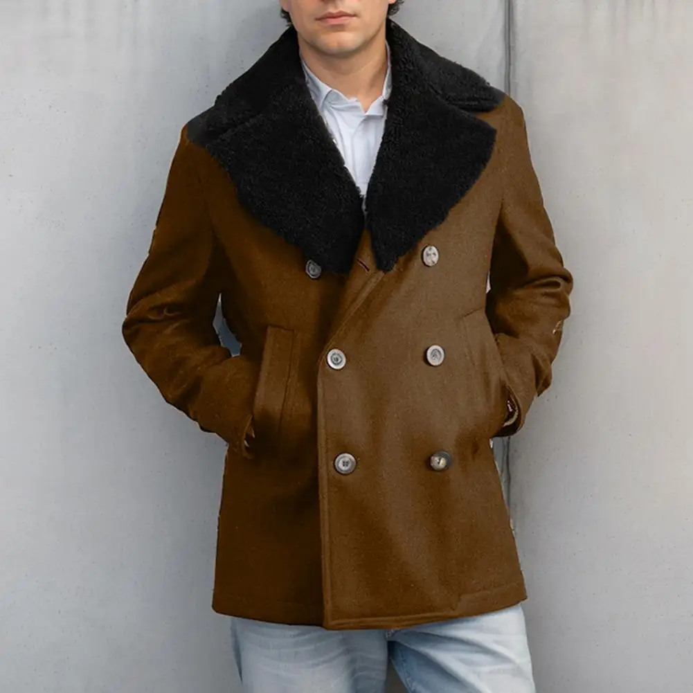 

Wool Blend Trench Coat Elegant Men's Woolen Coat with Plush Edges Lapel Collar Double-breasted Design Stylish Winter for A