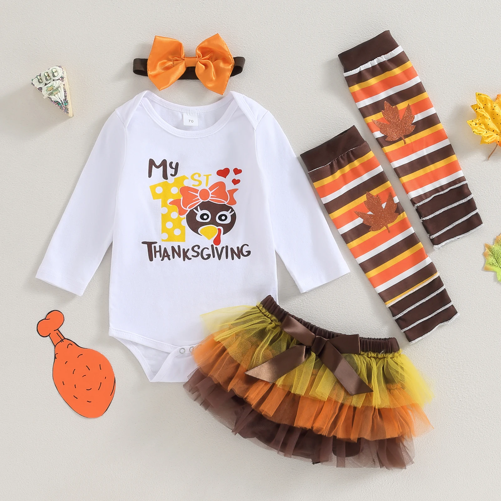 

BeQeuewll Baby Girl 4Pcs Thanksgiving Outfits Long Sleeve Turkey Romper with Shorts Leg Warmers Headband Set Infant Clothes