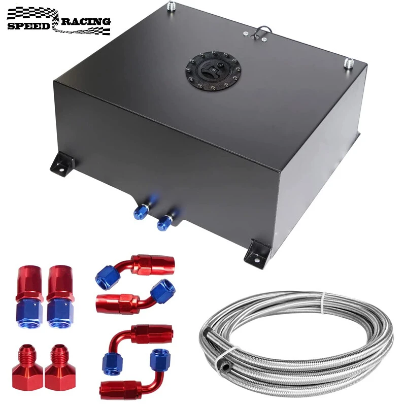 Célula de combustible de aluminio negro de 20 galones, tanque de GAS + tapa + vela de nivel + KIT de línea de combustible de acero para Hot Rod para carreras callejeras para coches de pista