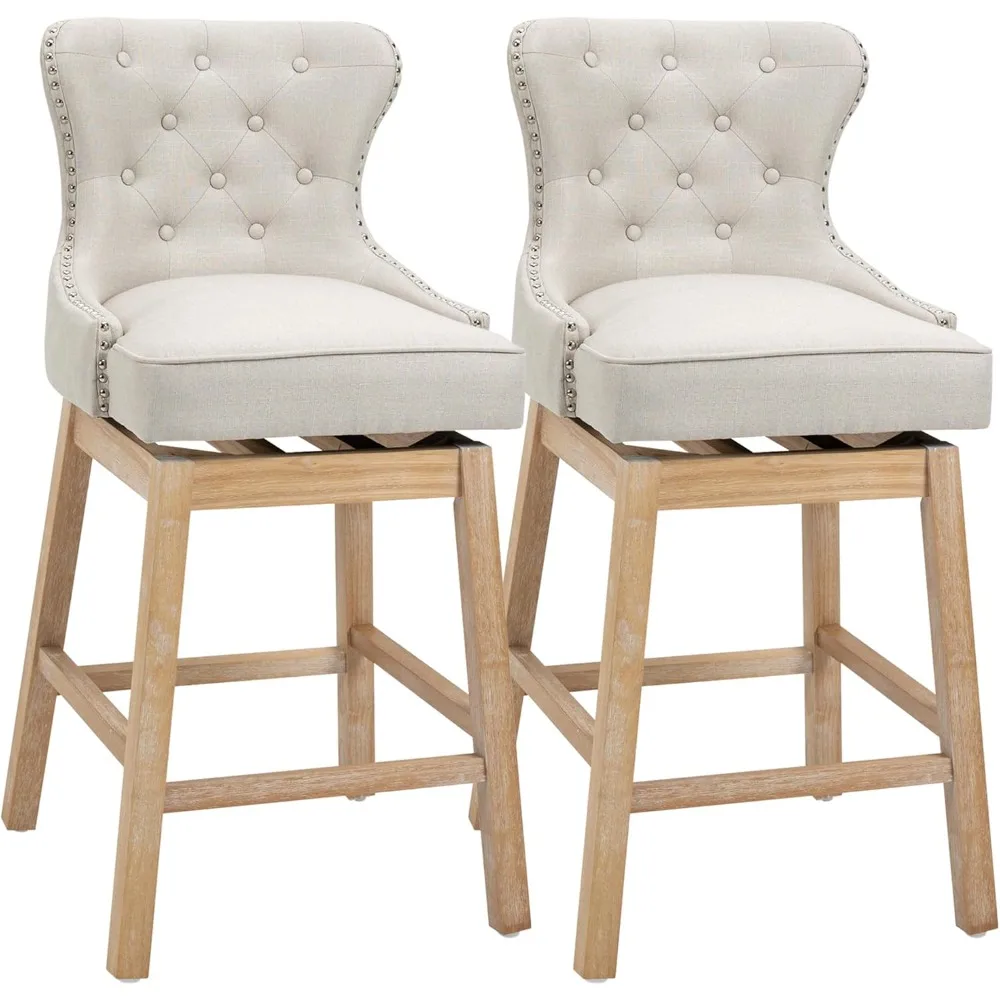 

Upholstered Fabric Bar Height Bar Stools, 180° Swivel Nailhead-Trim Pub Chairs, 30" Seat Height with Rubber Wood Legs, Set of 2