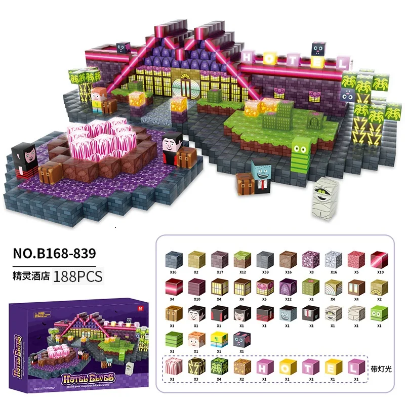 

Magnetic Building Blocks with Lights Hotel Elves STEM Montessori Sensory Stacking Cubes Toys for Ages 3+ Gifts for Boys & Girls